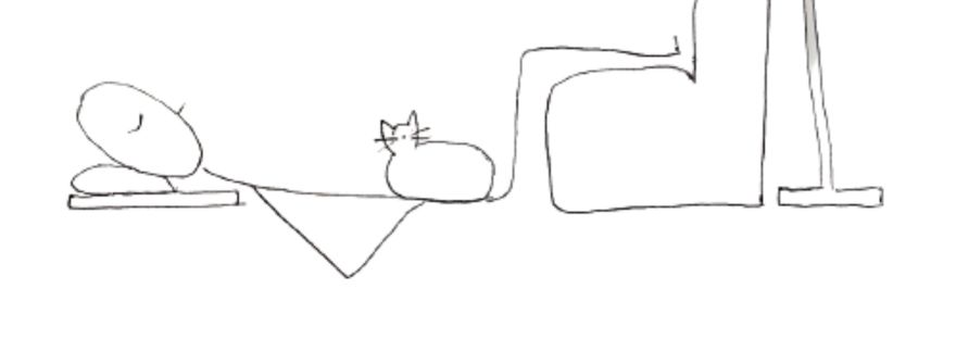 A line drawing of a person resting with their feet up and a cat on their belly.